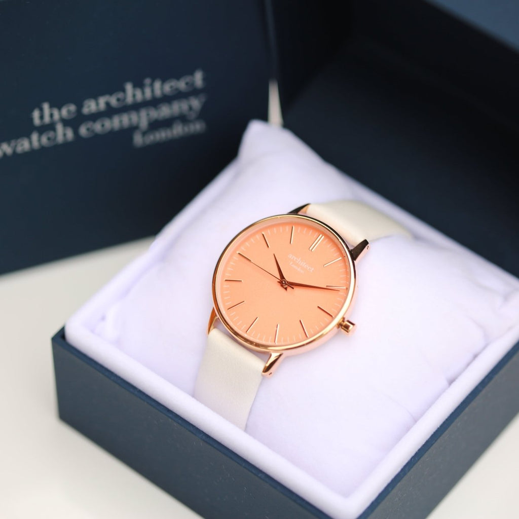 Ladies Archiect Coral - Handwriting Engraving, White Strap