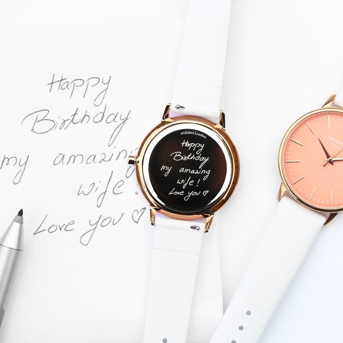 Ladies Archiect Coral - Handwriting Engraving, White Strap