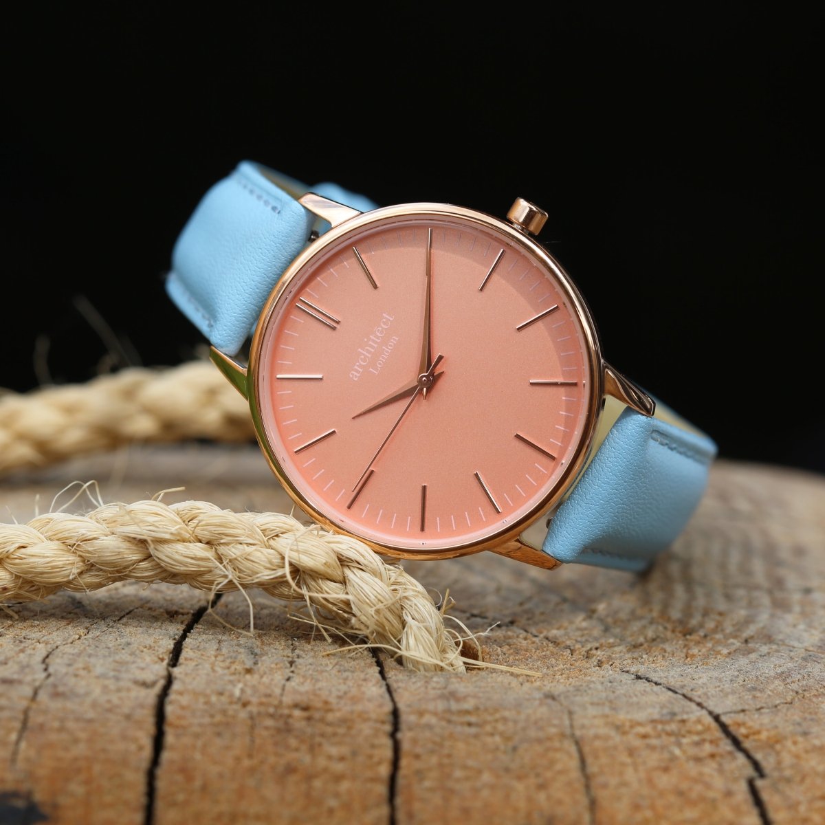 Ladies Archiect Coral - Modern Font Engraving, Light Blue Strap
