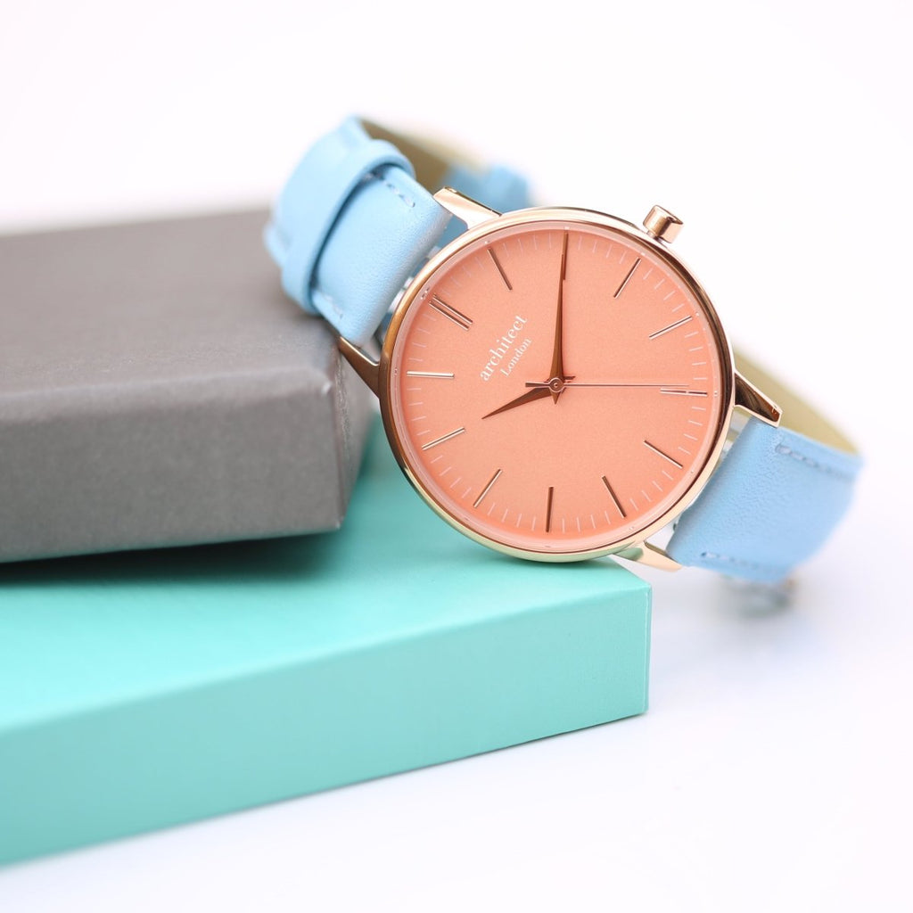 Ladies Archiect Coral - Modern Font Engraving, Light Blue Strap