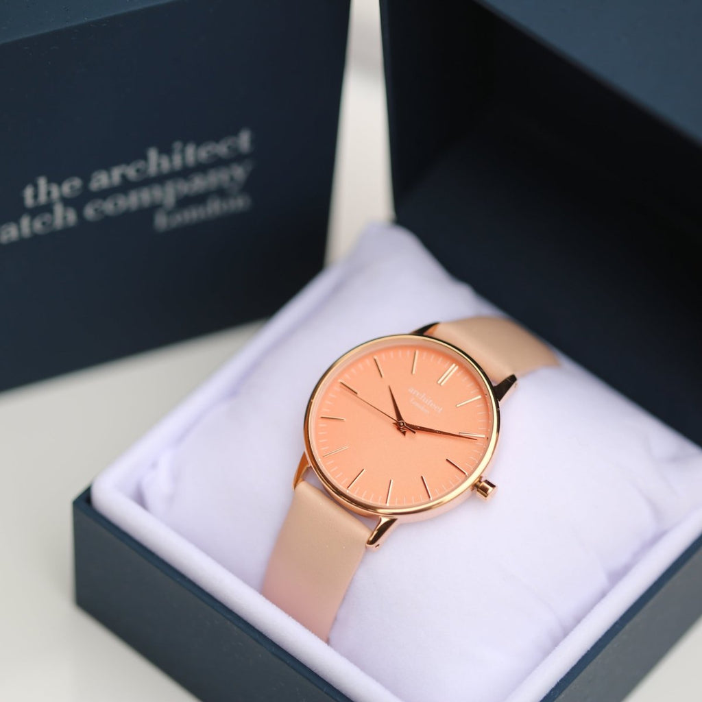 Ladies Archiect Coral - Modern Font Engraving, Light Pink Strap