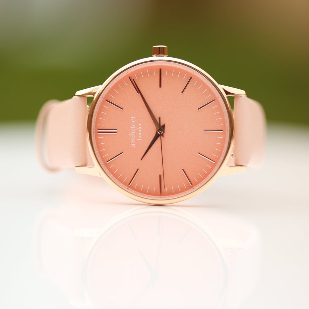 Ladies Archiect Coral - Modern Font Engraving, Light Pink Strap