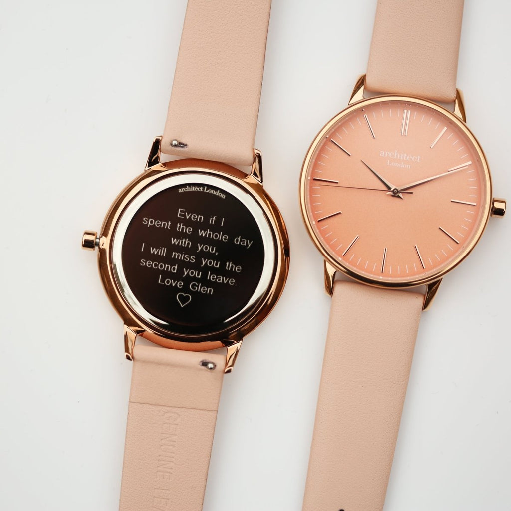 Ladies Archiect Coral - Modern Font Engraving, Light Pink Strap