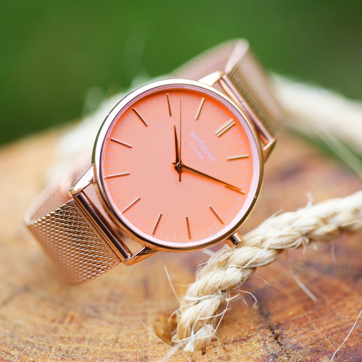 Ladies Archiect Coral - Modern Font Engraving, Rose Gold Mesh Strap