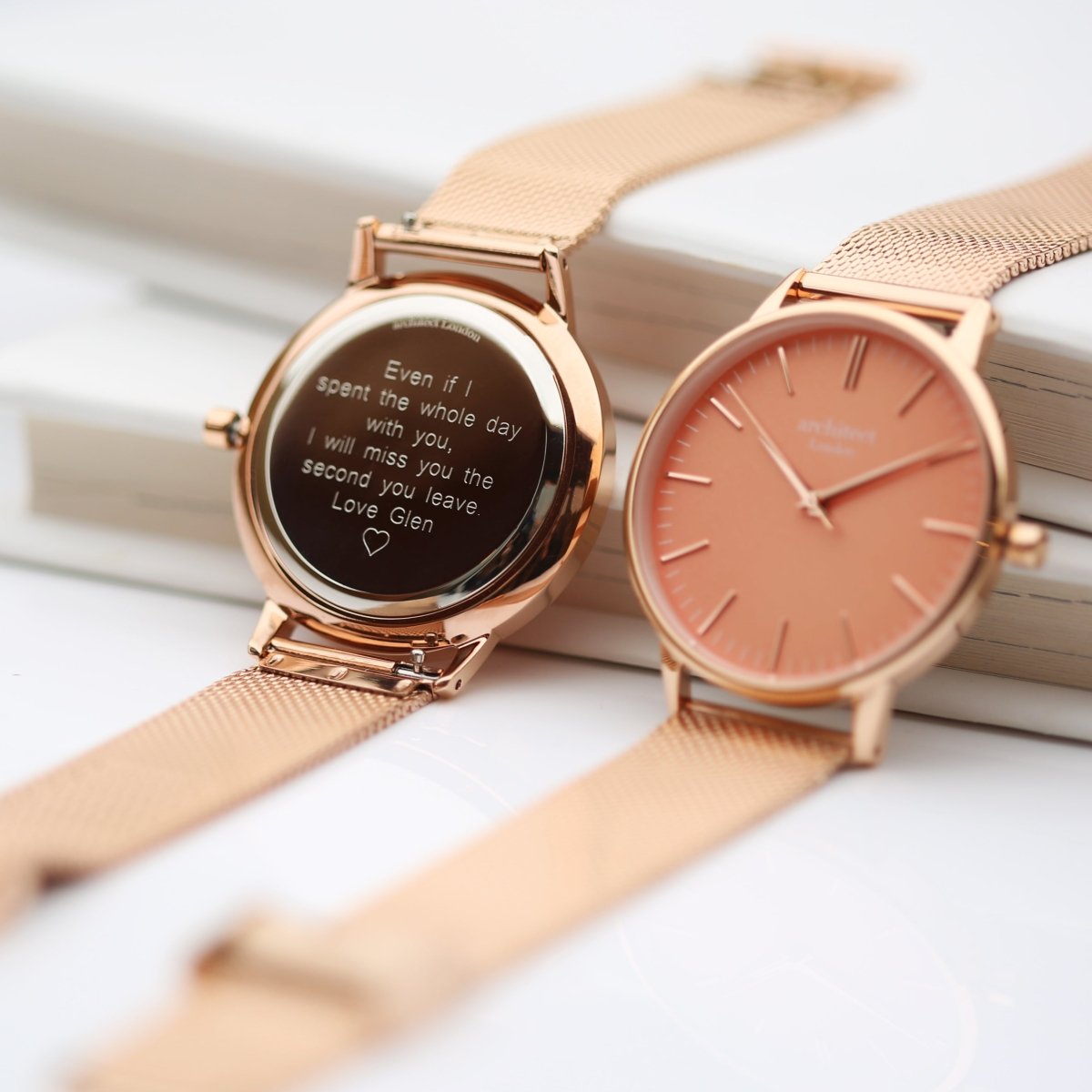 Ladies Archiect Coral - Modern Font Engraving, Rose Gold Mesh Strap