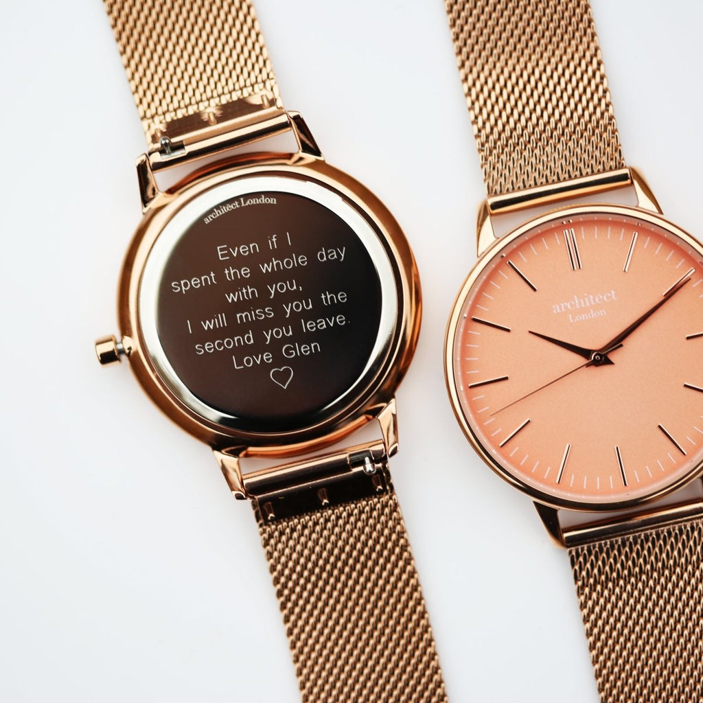Ladies Archiect Coral - Modern Font Engraving, Rose Gold Mesh Strap