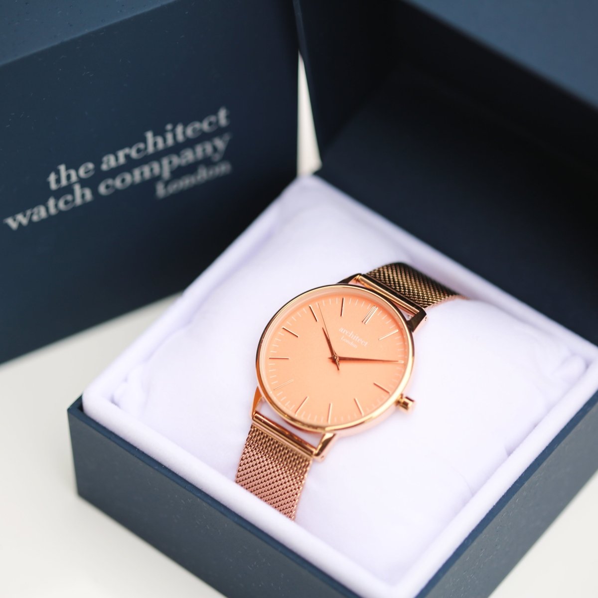 Ladies Archiect Coral - Modern Font Engraving, Rose Gold Mesh Strap