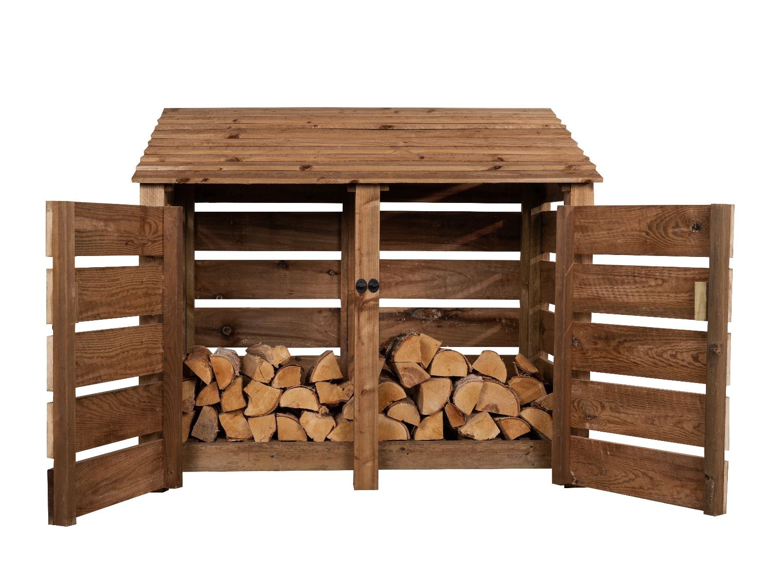 Slatted Wooden Log Store with Door W-146cm, H-126cm or 180cm, D-88cm - Brown Finish