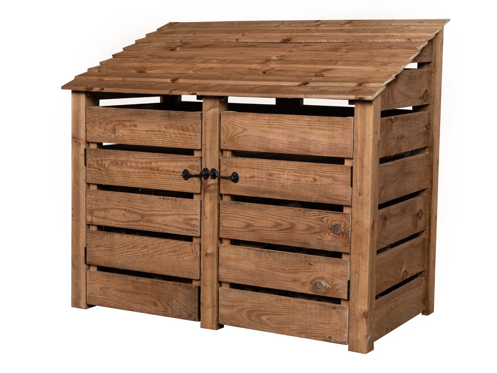 Slatted Wooden Log Store with Door W-146cm, H-126cm or 180cm, D-88cm - Brown Finish