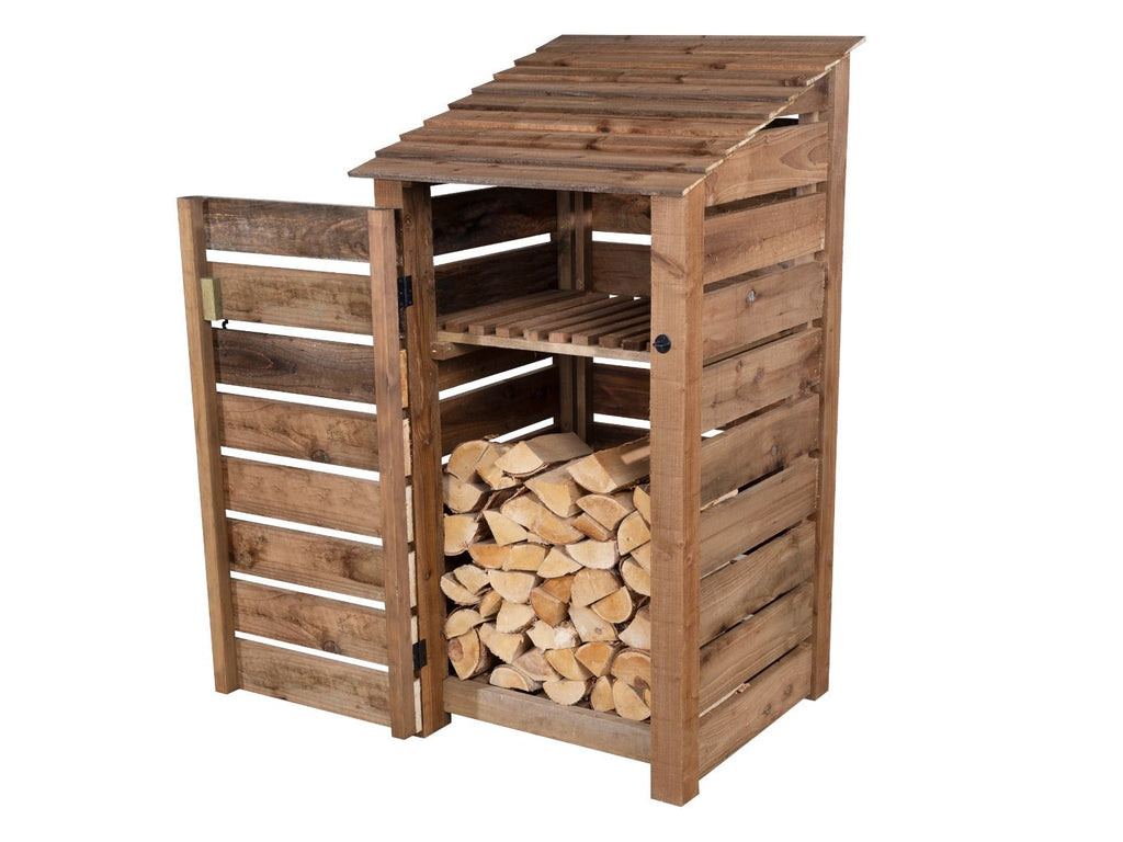Slatted Wooden Log Store with Door and Shelf W-99cm, H-126cm or 180cm, D-88cm - Brown Finish
