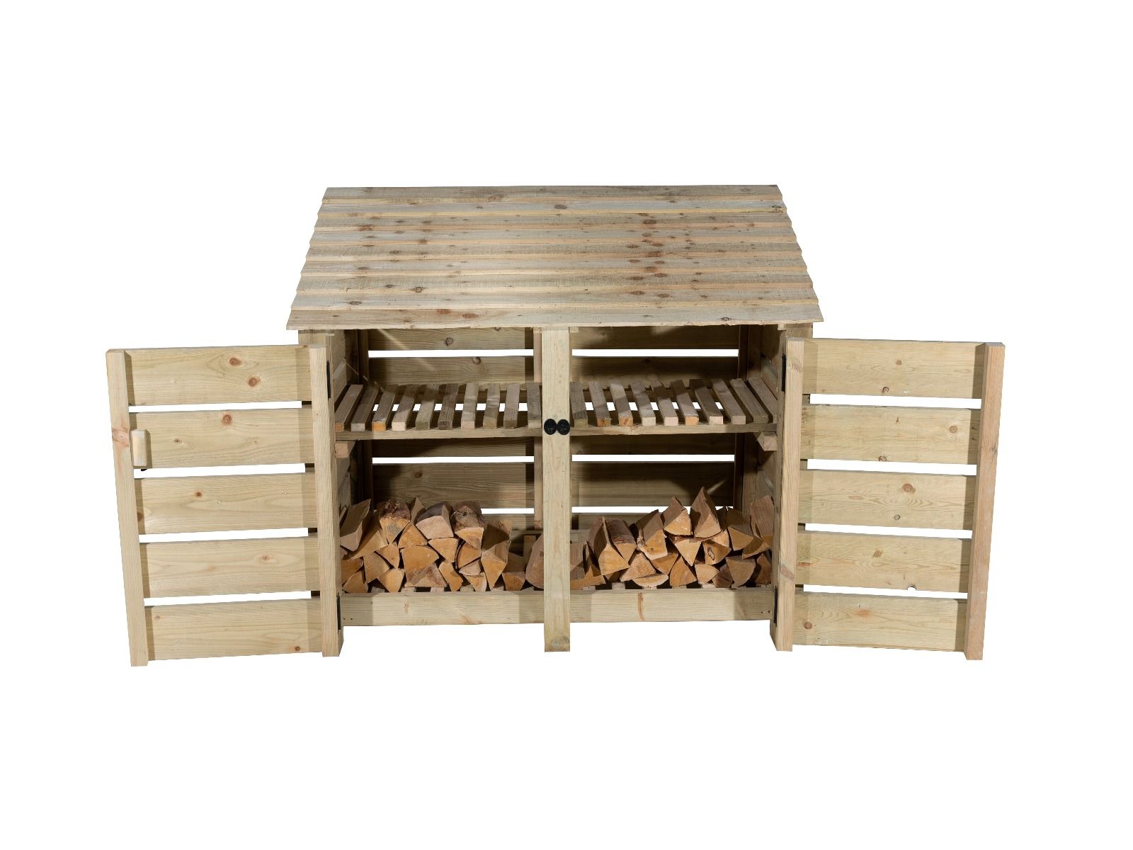 Slatted Wooden Log Store with Door and Shelf W-146cm, H-126cm or 180cm, D-88cm