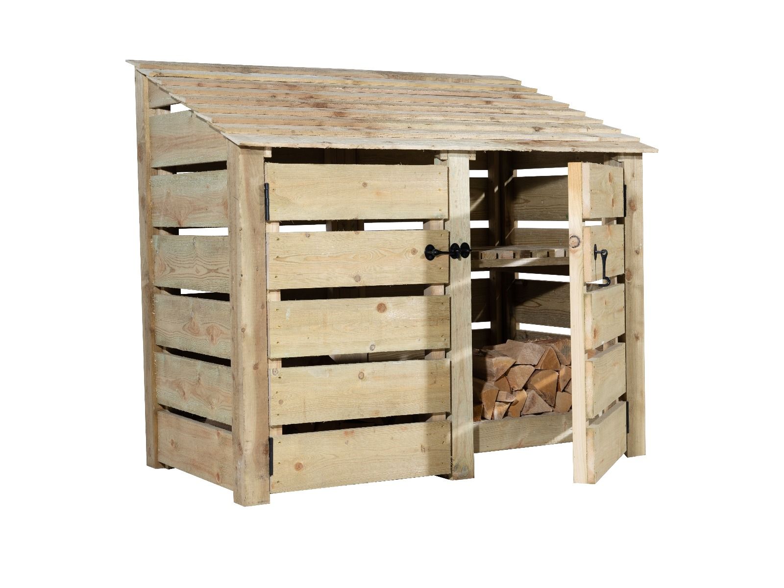 Slatted Wooden Log Store with Door and Shelf W-146cm, H-126cm or 180cm, D-88cm