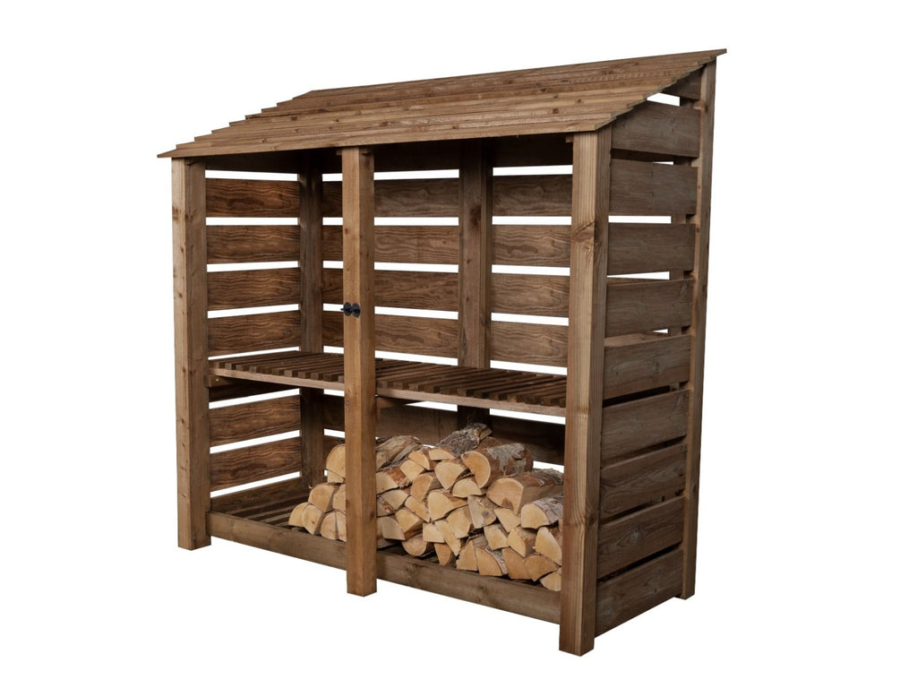 Slatted Wooden Log Store with Shelf W-187cm, H-126cm or 180cm, D-88cm - Brown Finish