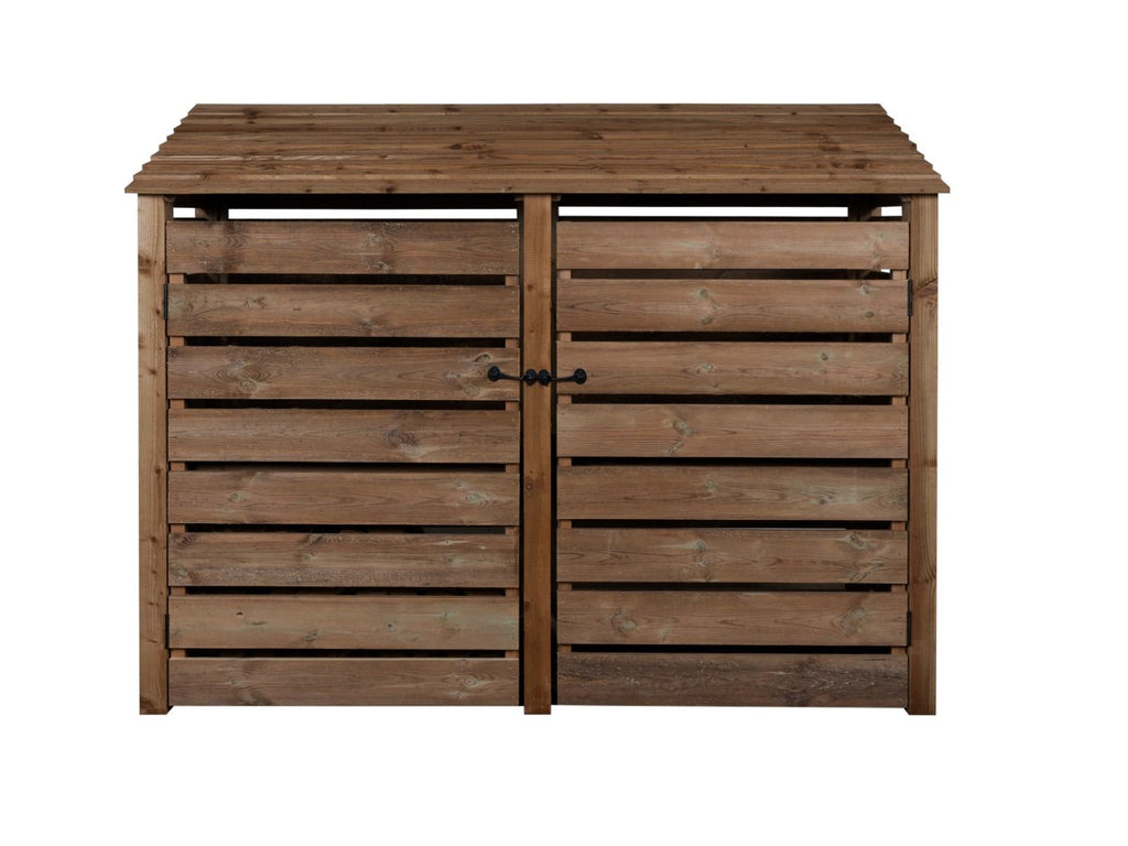 Slatted Wooden Log Store with Doors and Shelf W-227cm, H-126cm or 180cm, D-88cm - Brown Finish