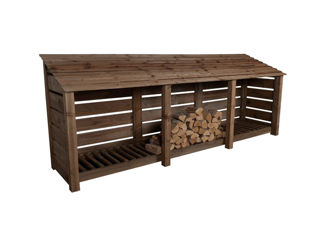 Slatted Wooden Log Store W-335cm, H-126cm or 180cm, D-88cm - Brown Finish