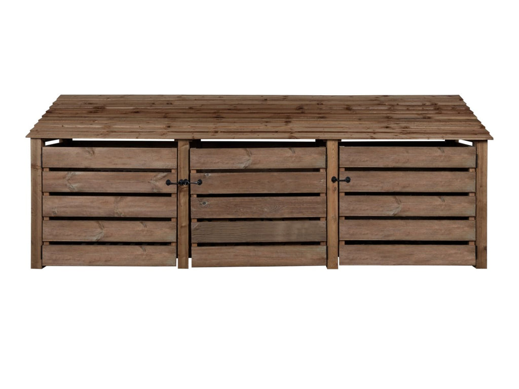 Slatted Wooden Log Store with Doors W-335cm, H-126cm or 180cm, D-88cm - Brown Finish