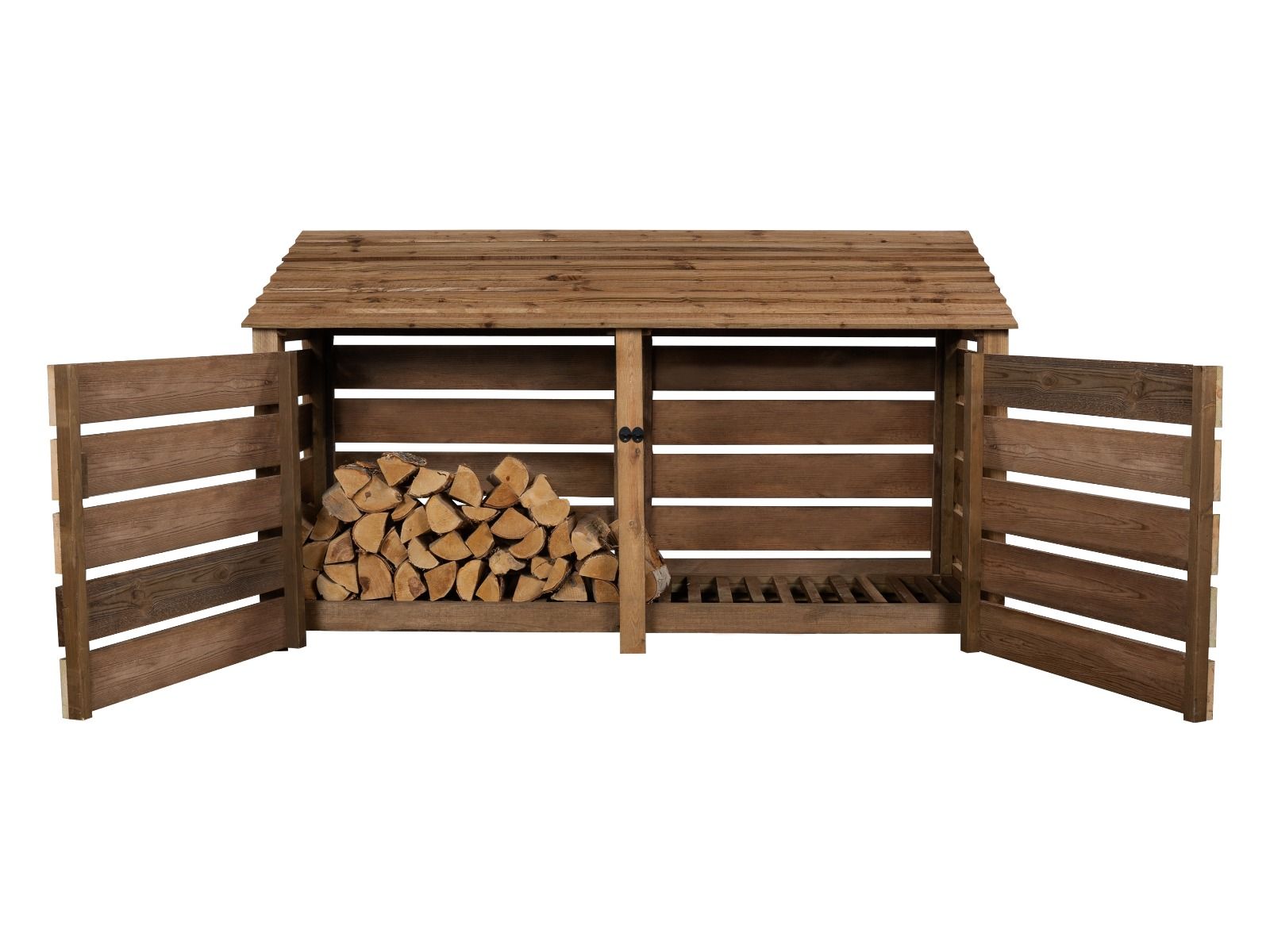 Slatted Wooden Log Store with Doors W-227cm, H-126cm or 180cm, D-88cm - Brown Finish