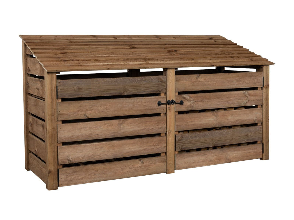 Slatted Wooden Log Store with Doors and Shelf W-227cm, H-126cm or 180cm, D-88cm - Brown Finish