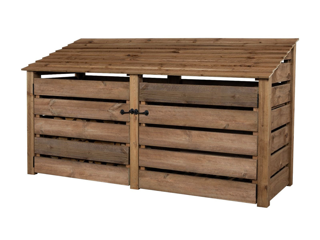Slatted Wooden Log Store with Doors W-227cm, H-126cm or 180cm, D-88cm - Brown Finish