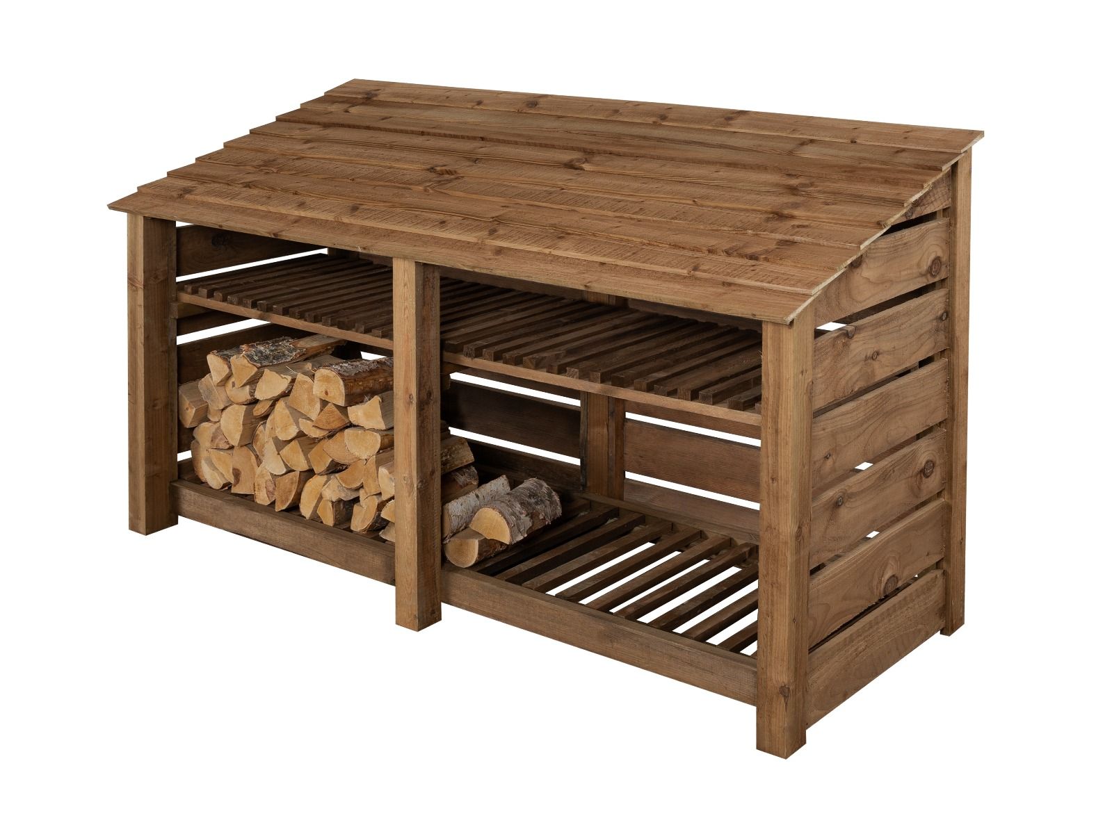 Slatted Wooden Log Store with Shelf W-227cm, H-126cm or 180cm, D-88cm - Brown Finish
