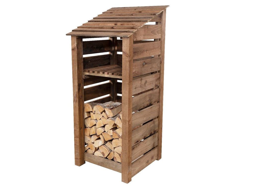 Slatted Wooden Log Store With Shelf W-79cm, H-126cm or 180cm, D-88cm - Brown Finish