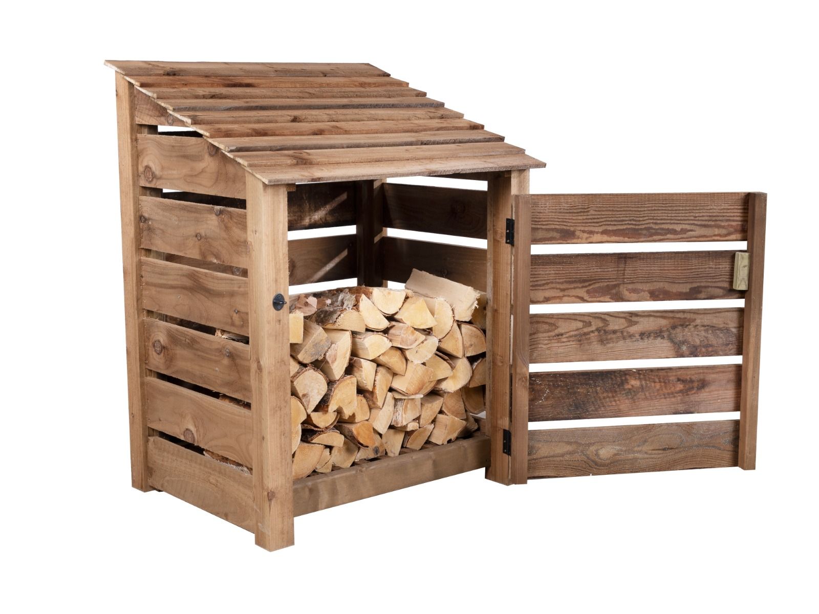 Slatted Wooden Log Store with Door W-99cm, H-126cm or 180cm, D-88cm - Brown Finish