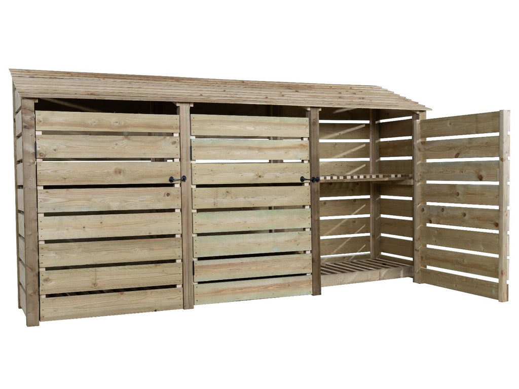 Slatted Wooden Log Store with Doors and Shelf W-335cm, H-126cm or 180cm, D-88cm
