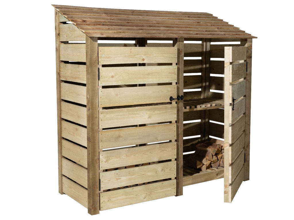 Slatted Wooden Log Store with Doors And Shelf W-187cm, H-126cm or 180cm, D-88cm