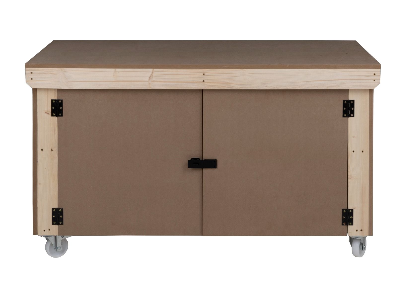 Wooden MDF Top Workbench With Lockable Cupboard (V.9) double shelf and wheels