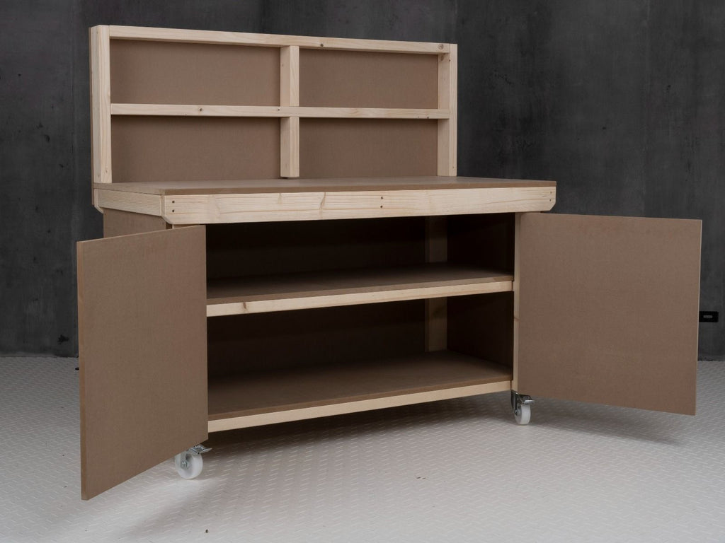 Wooden MDF Top Workbench With Lockable Cupboard (V.9) with back panel, double shelf and wheels