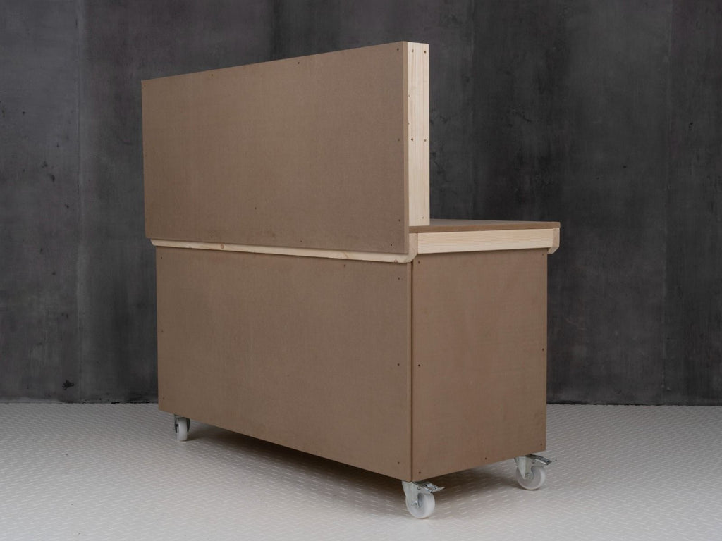 Wooden MDF Top Workbench With Lockable Cupboard (V.9) with back panel, double shelf and wheels