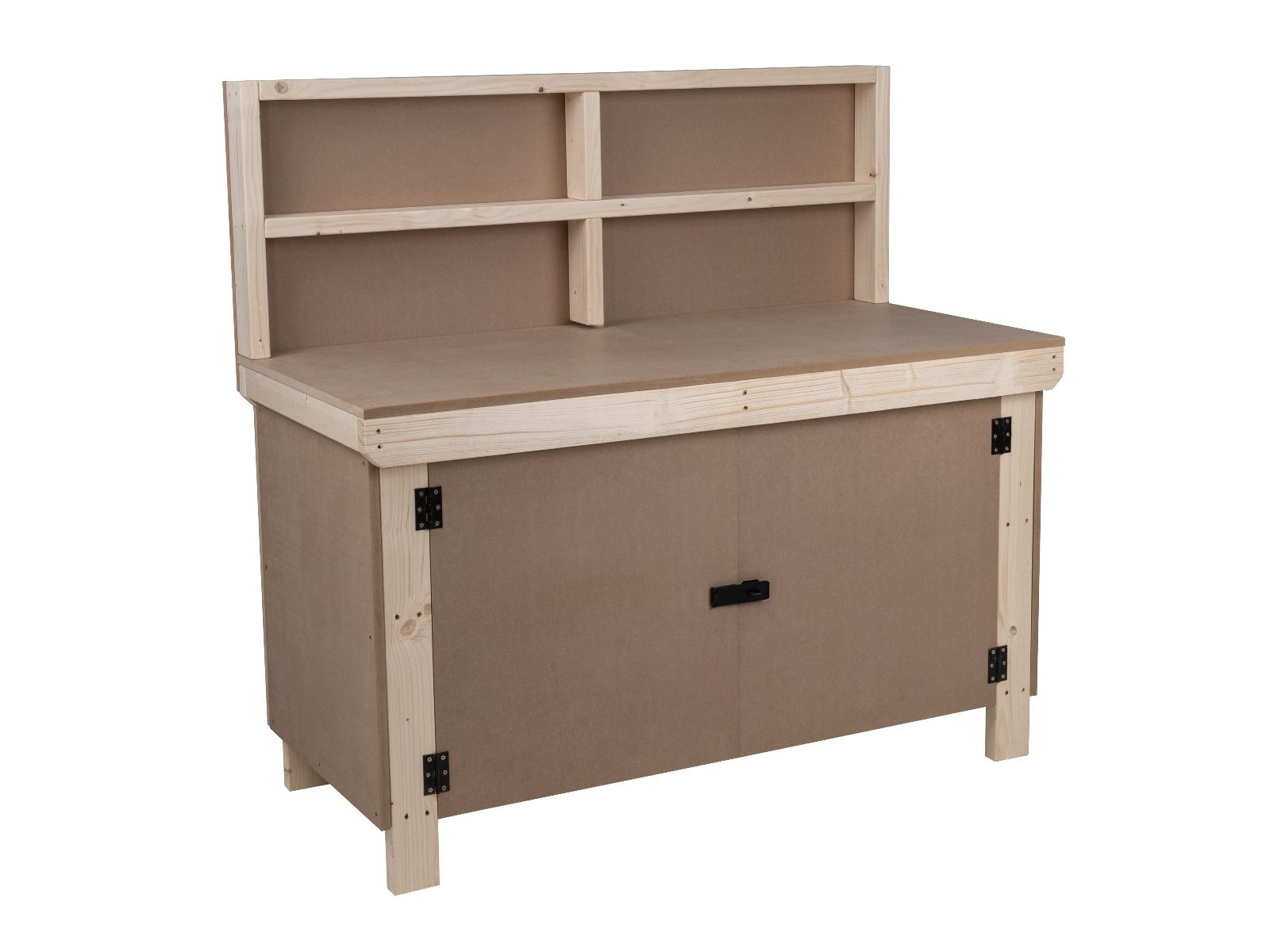Wooden MDF Top Workbench With Lockable Cupboard (V.9) with back panel and double shelf