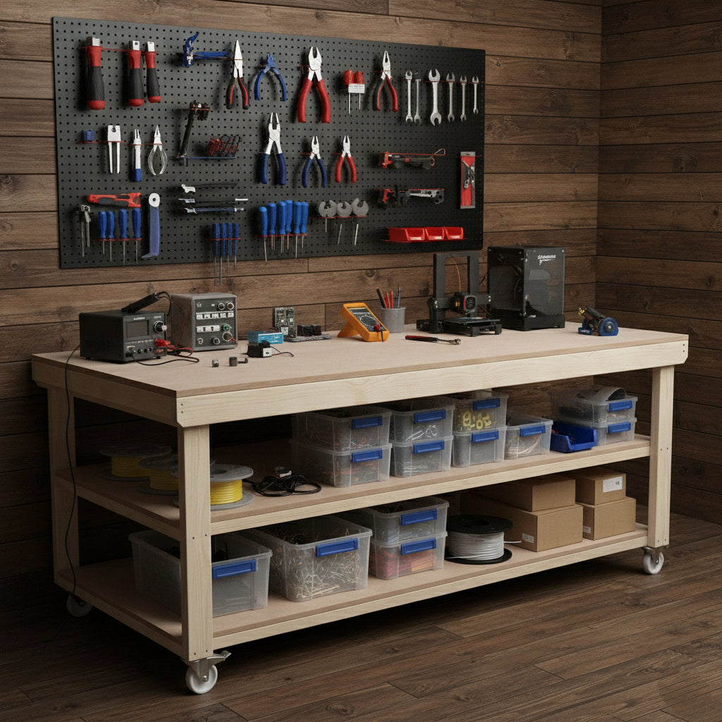 Wooden Workbench MDF Top Depth-4ft With Wheels and Double Shelf