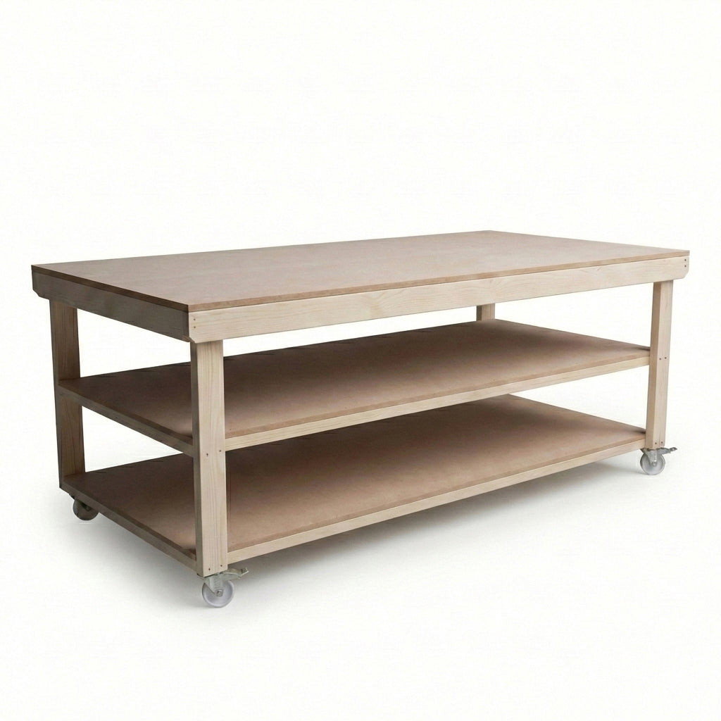 Wooden Workbench MDF Top Depth-4ft With Wheels and Double Shelf