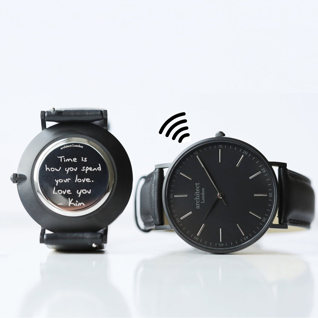 Men's Architect Minimalist Contactless Payment Watch, Jet Black Strap, With Personalised Own Handwriting Engraving
