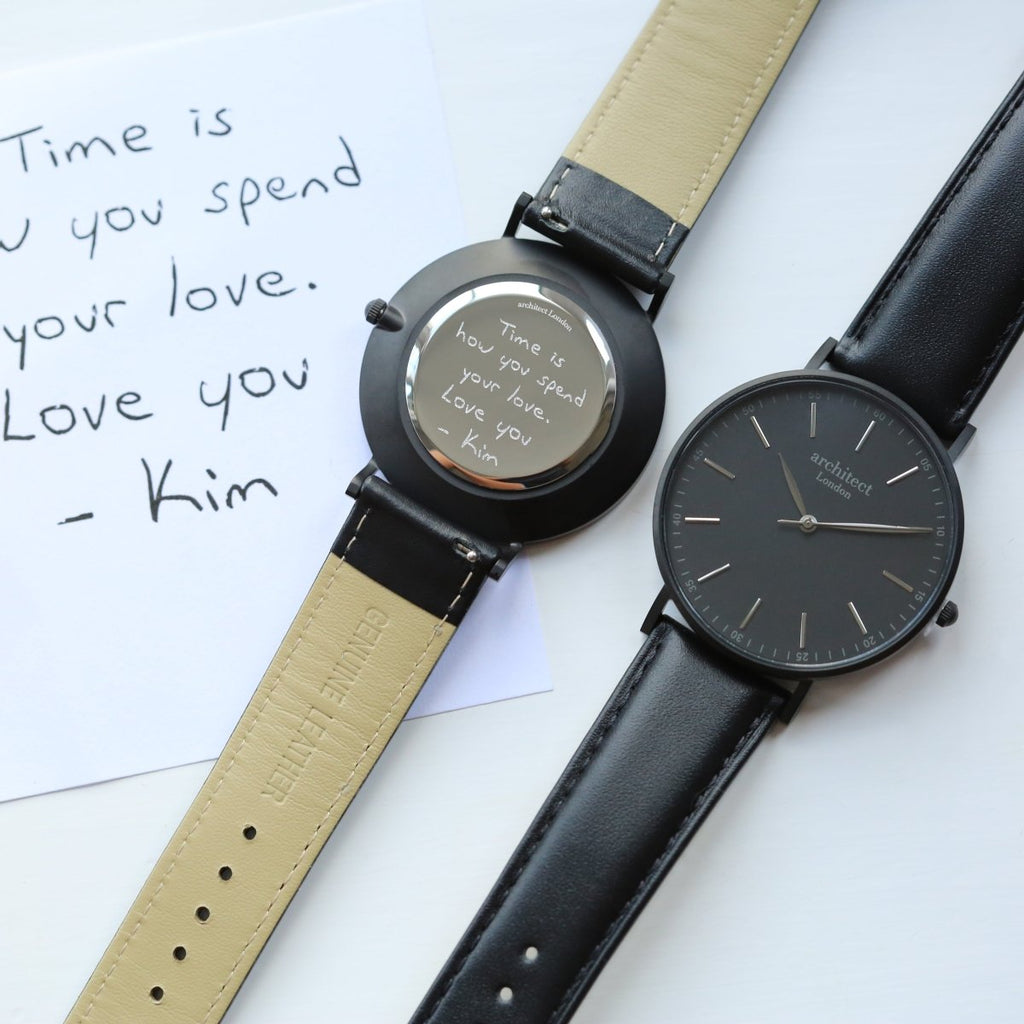 Men's Architect Minimalist Contactless Payment Watch, Jet Black Strap, With Personalised Own Handwriting Engraving