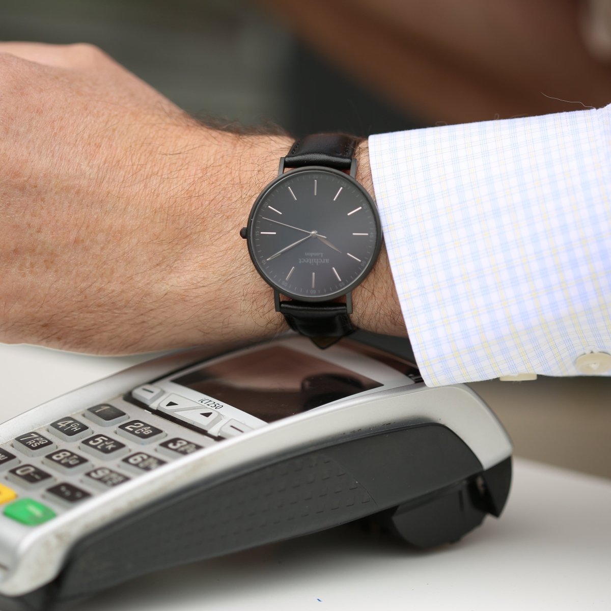 Men's Architect Minimalist Contactless Payment Watch, Jet Black Strap, With Personalised Own Handwriting Engraving