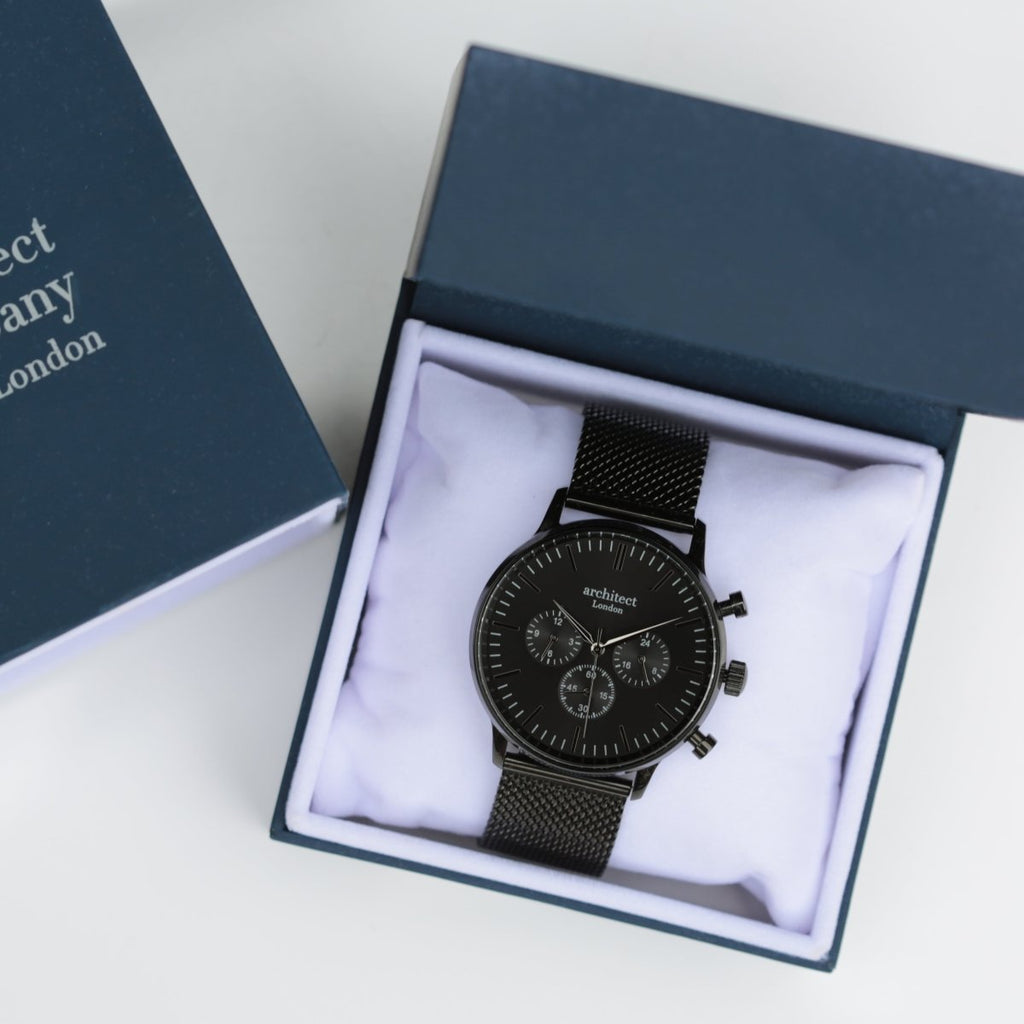 Men's Architect Motivator In Black With Black Mesh Strap - Modern Font Engraving