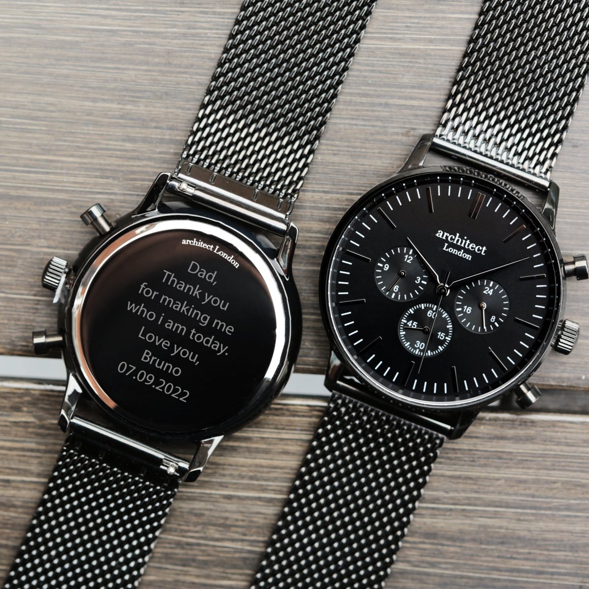 Men's Architect Motivator In Black With Black Mesh Strap - Modern Font Engraving
