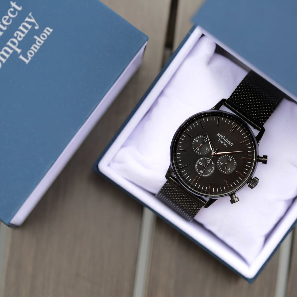 Men's Architect Motivator In Black With Black Mesh Strap - Modern Font Engraving