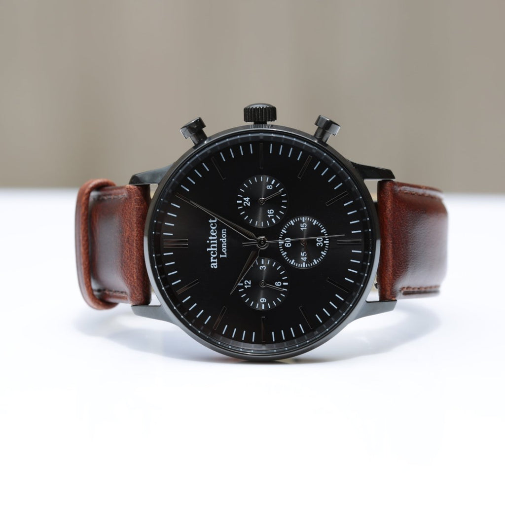Men's Architect Motivator In Black With Walnut Strap - Modern Font Engraving