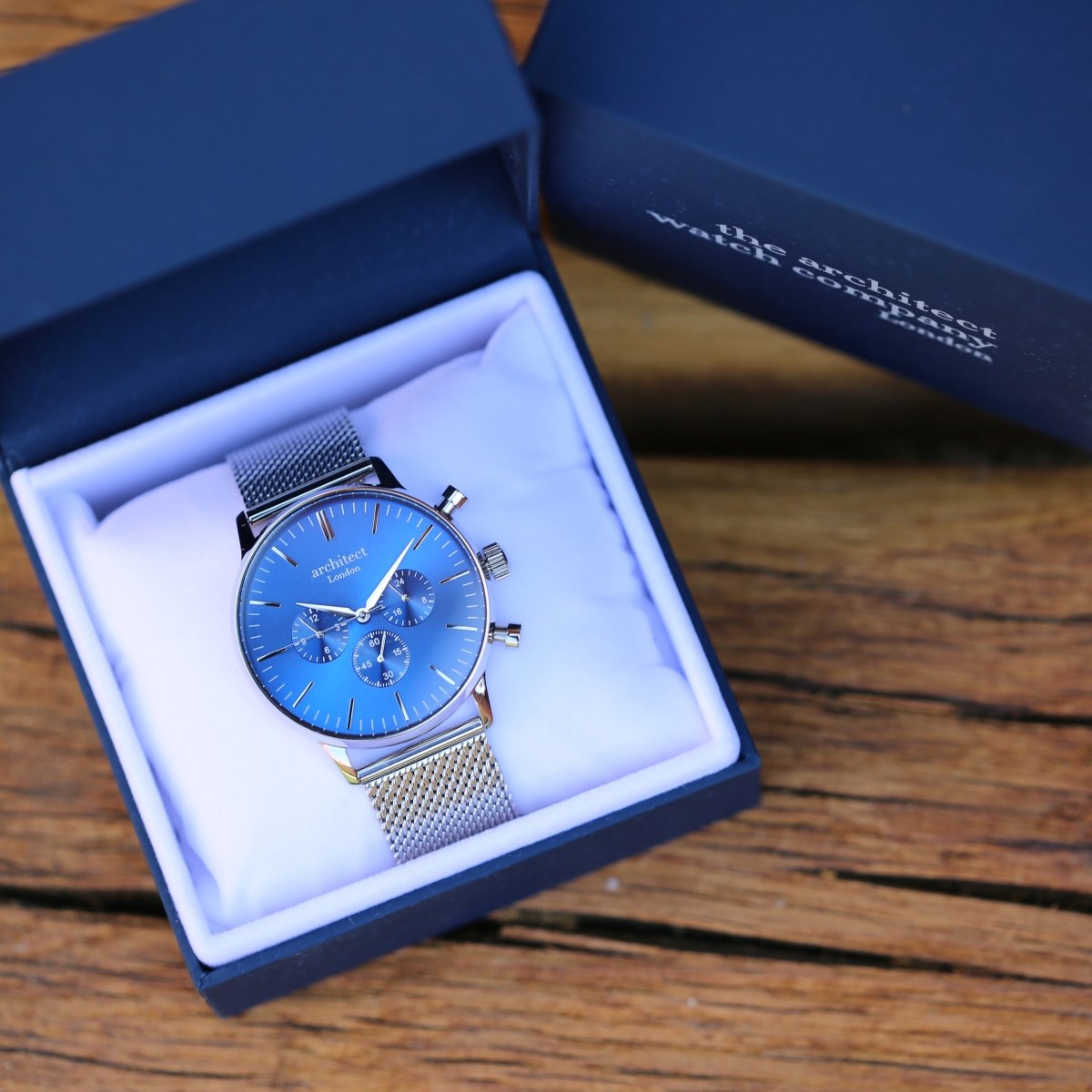 Men's Architect Motivator In Blue With Silver Mesh Strap - Modern Font Engraving