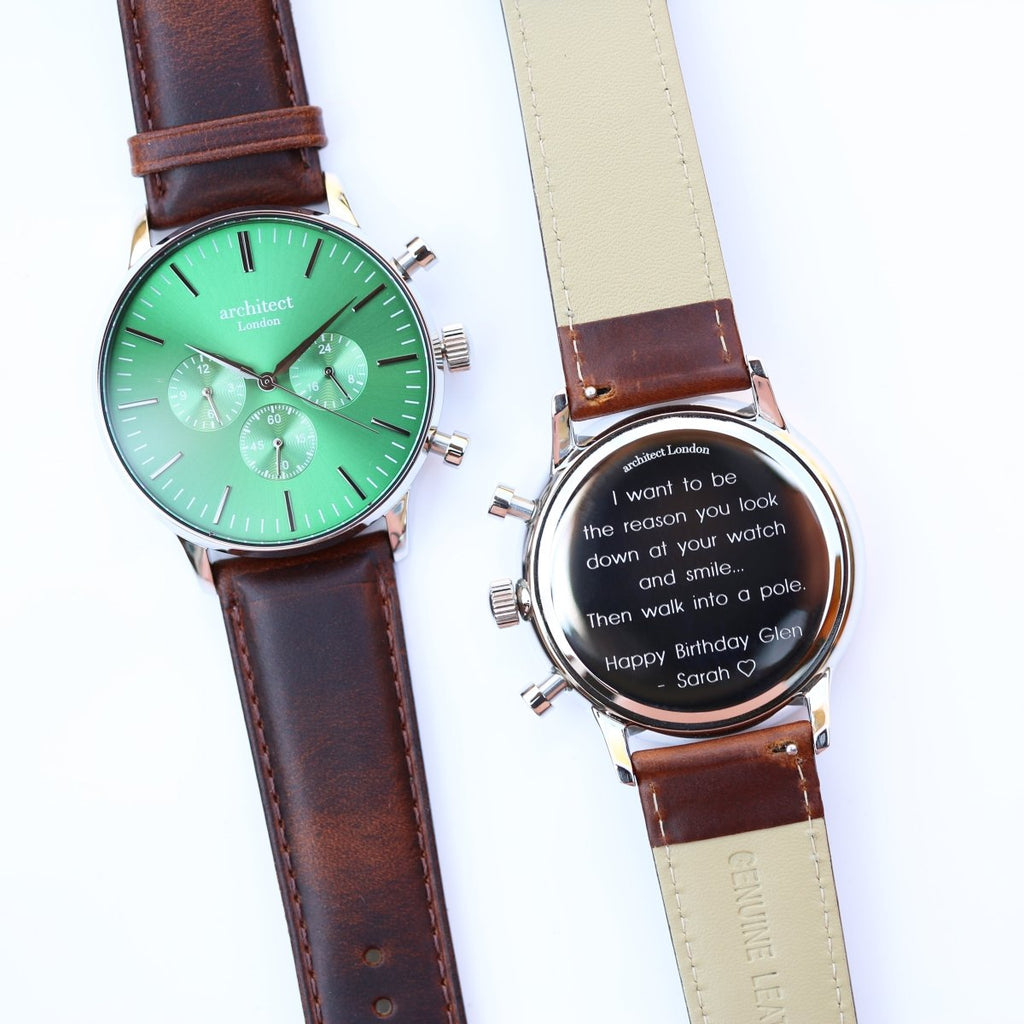 Men's Architect Motivator In Envy Green With Walnut Strap - Modern Font Engraving