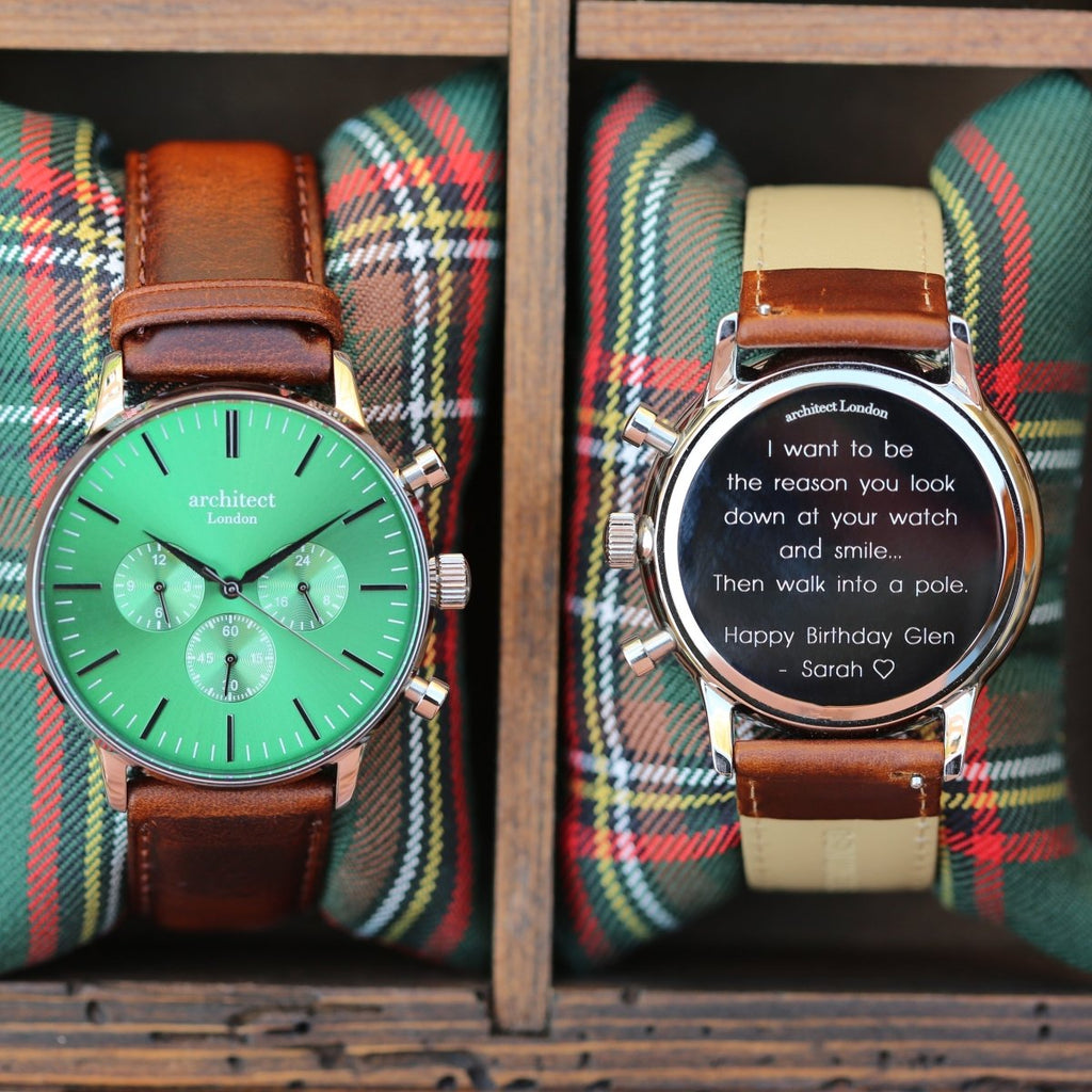 Men's Architect Motivator In Envy Green With Walnut Strap - Modern Font Engraving