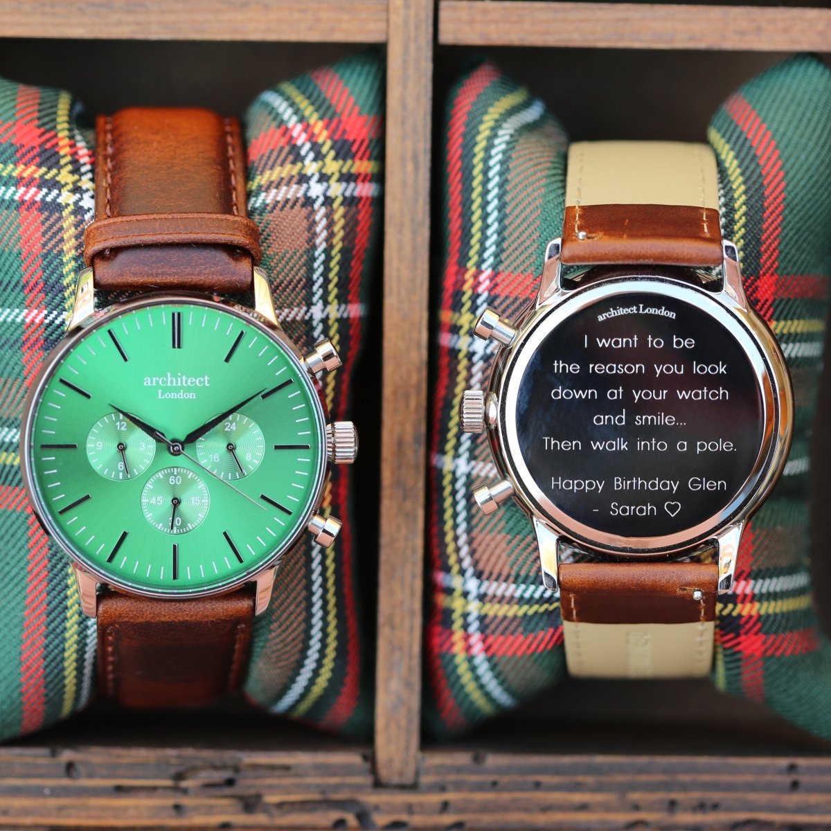 Men's Architect Motivator In Envy Green With Walnut Strap - Modern Font Engraving