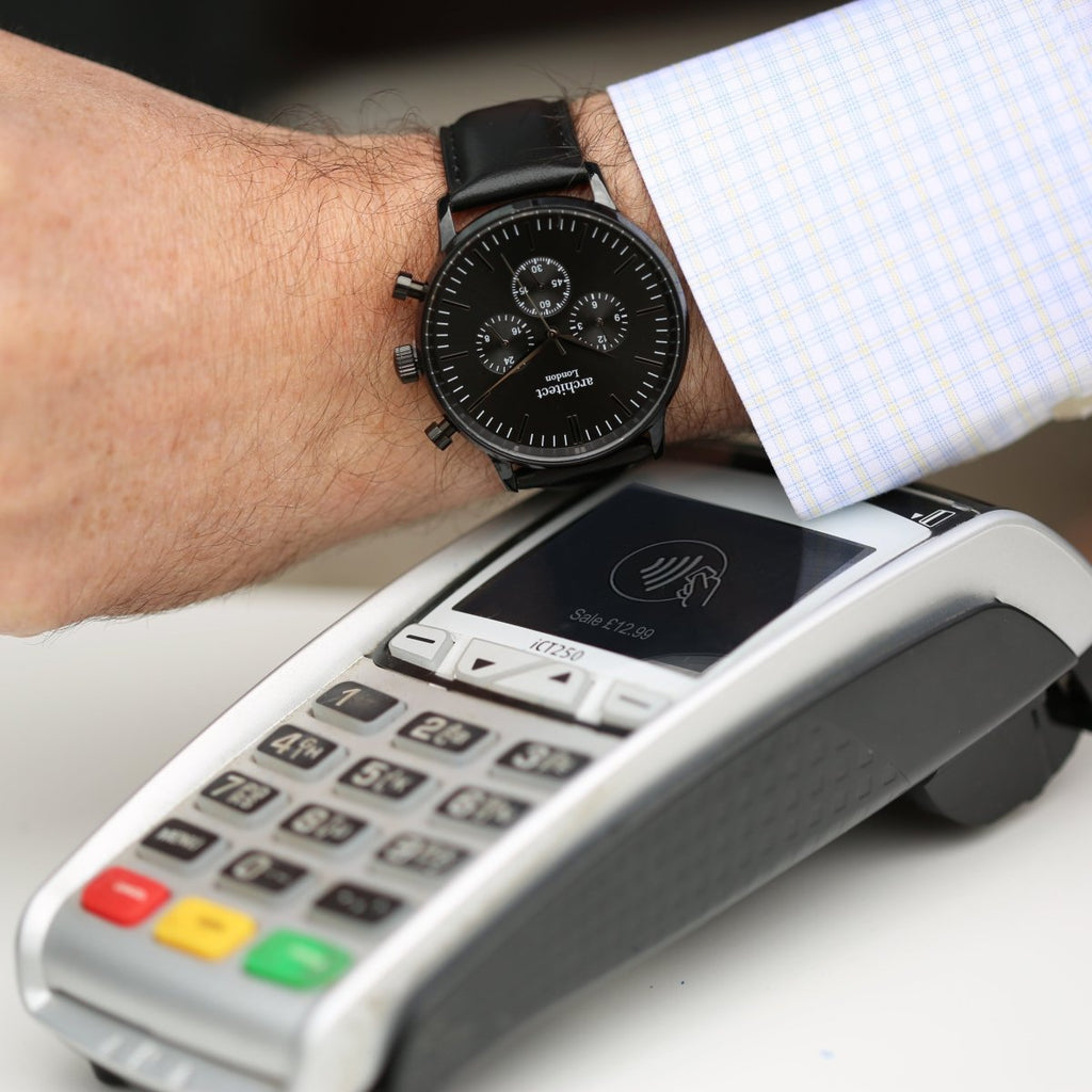 Men's Motivator Contactless Payment Watch, Jet Black Strap, With Personalised Own Handwriting Engraving