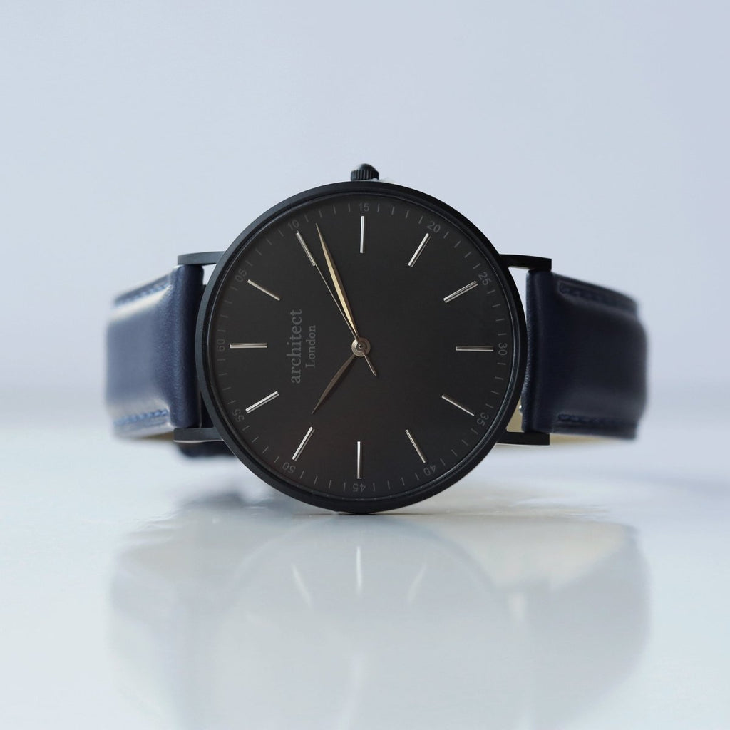 Modern Font Engraving - Men's Minimalist Watch, Admiral Blue Strap
