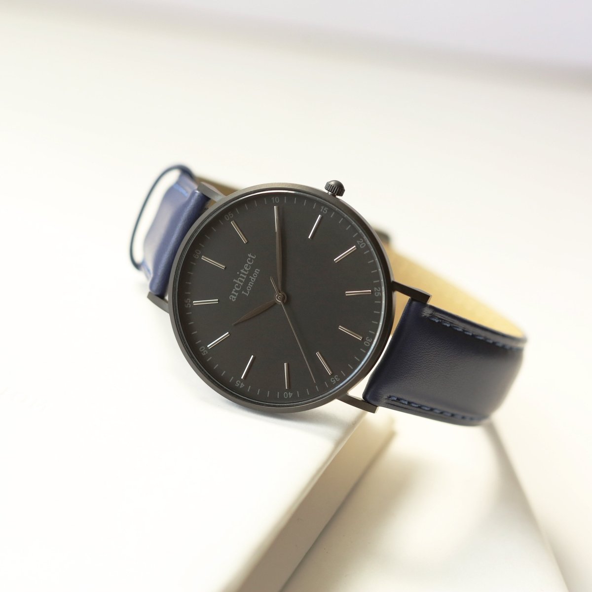 Modern Font Engraving - Men's Minimalist Watch, Admiral Blue Strap