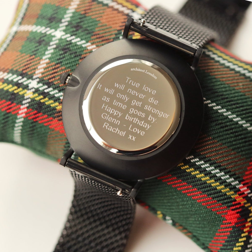 Modern Font Engraving - Men's Minimalist Watch, Pitch Black Mesh Strap