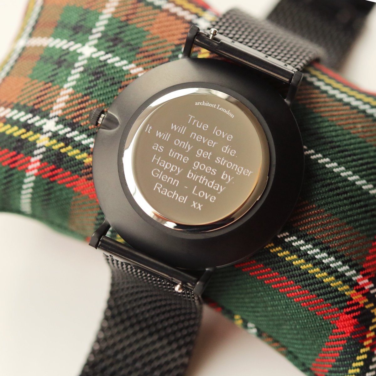 Modern Font Engraving - Men's Minimalist Watch, Pitch Black Mesh Strap